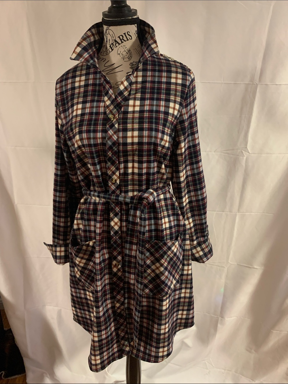 Grace &Lace shirt dress, plaid, belted with lace panel on back, pockets med new